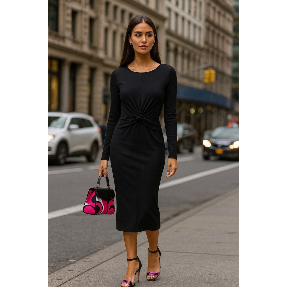 NWT‎ Nine West Black Front Twist Long Sleeve Spandex Blend Black Goth Dress XS